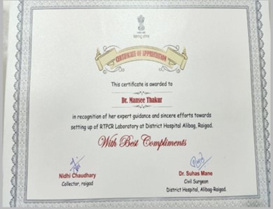 Certificate of Appreciation : Dr. Mansee Thakur