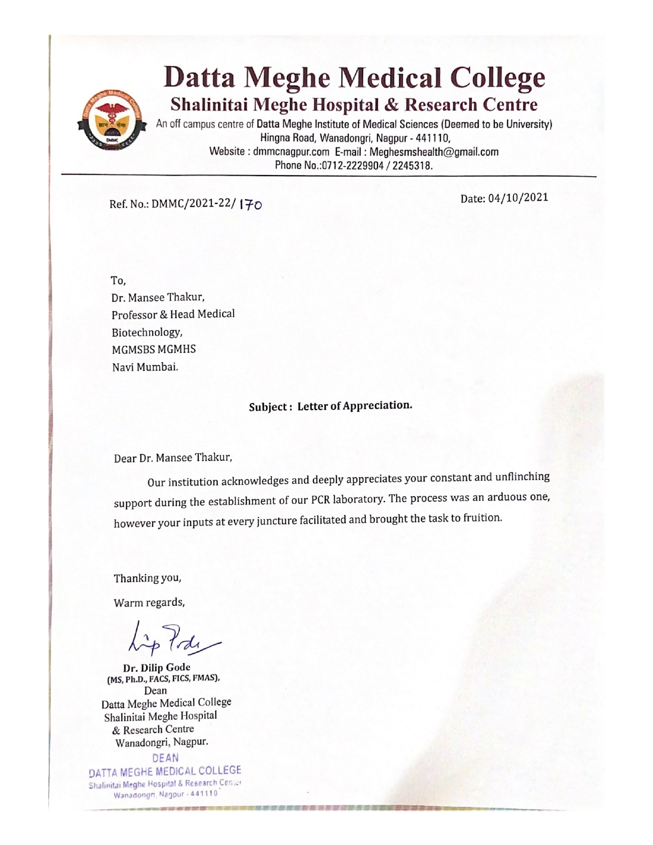 Letter of Appreciation : Dr. Mansee Thakur